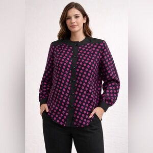 Anne Klein Polka Dot Blouse Size 10 Black Pink Long Sleeve Button Front(A463)